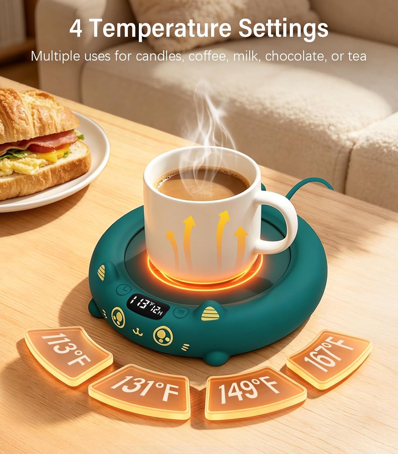 Supsonic Coffee Mug Warmer, Cup Warmer for Desk with 4 Temp Settings | Fast heating beverage, 2-12h Auto shut-off, Constant temperature, Smart gift for women men, Works with tea, milk, candle