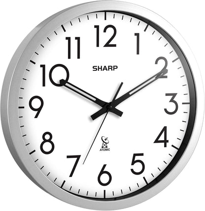 Sharp 12-Inch Atomic Wall Clock, Battery Operated, White with Black Frame | Self-setting atomic time; Easy-read analog face; Automatic time adjustment; Simple setup; Versatile home or office style
