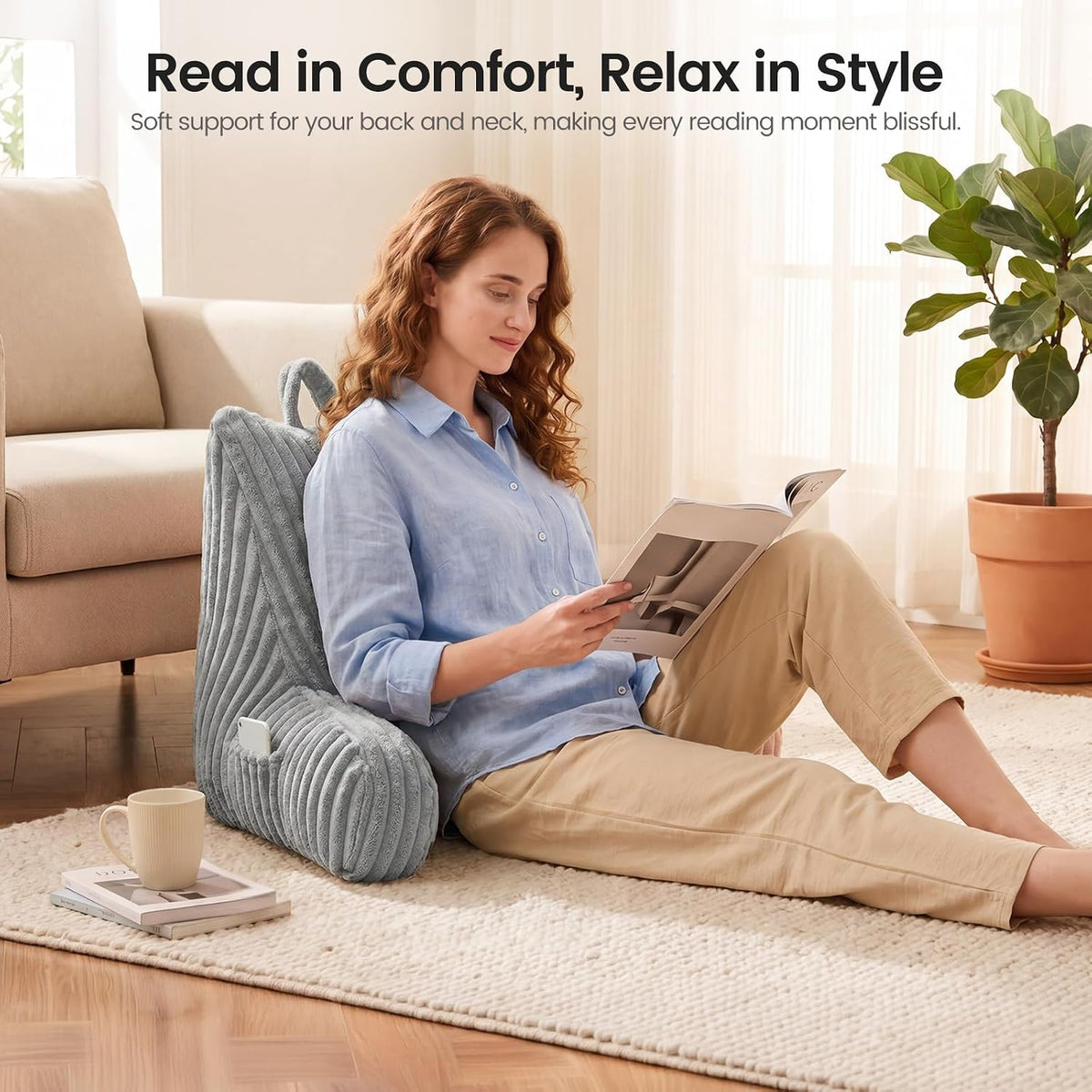 Reading Pillow for Sitting up in Bed, Adjustable Memory Foam Bed Rest Pillow, Wide-wale Plush Cover Machine Washable, Neck Back and Lumbar Support Pillow-Grey
