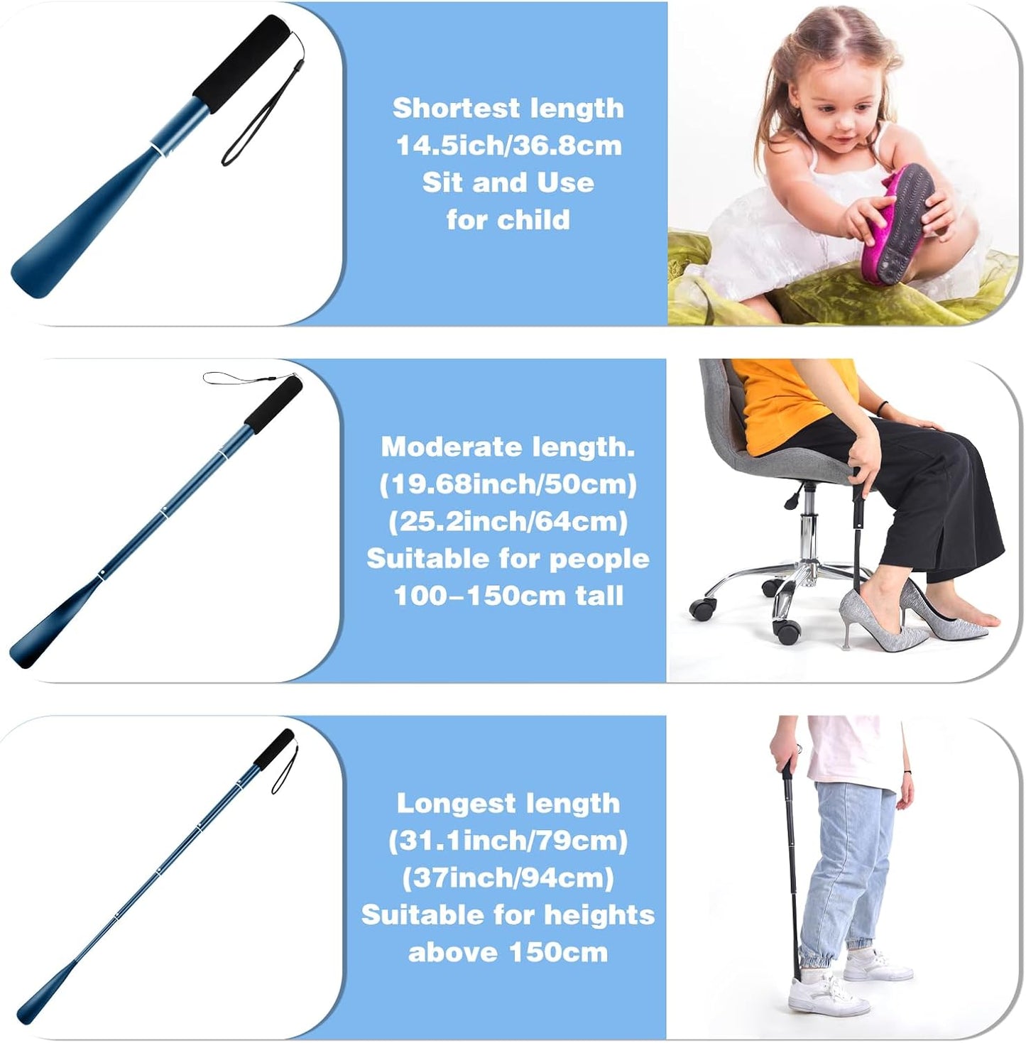JJDPARTS Shoe Horn Long Handle,14.5"-37" Retractable Shoe Horn,Aluminum Shoe Horn For Men Women Kids Seniors