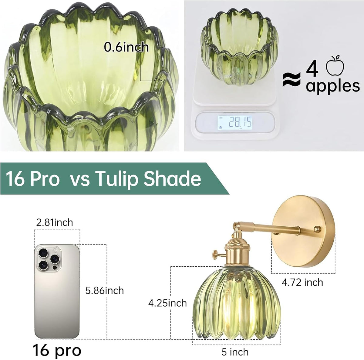 Shenmoyl Vintage Battery Operated Wall Sconce with Green Tulip Glass Lampshade Rechargeable Battery Powered Wall Light with Remote Control for Bedside Bedroom Doorway
