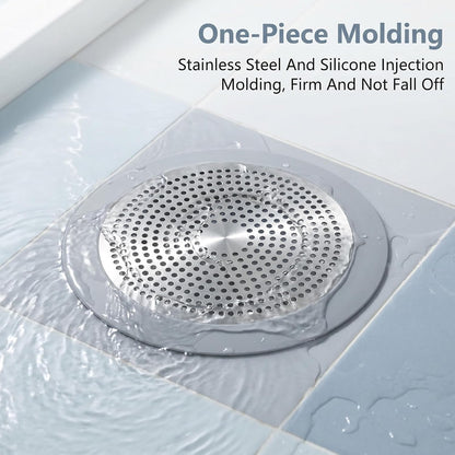 Flat Shower Drain Hair Catcher 5.7in Wide Round Hairs Stopper | Shower Drain Cover Sink Protector Filter for Showers Bathroom Pet Owners Homeowners Renters Stainless Steel & Silicone