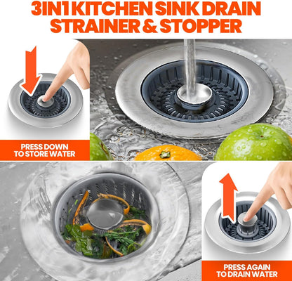 3 in 1 Kitchen Sink Drain Strainer and Stopper Silver 1 Pack | Kitchen Sink Accessories Strainer Basket with Removable Insert - Stainless Steel Food Catcher, Easy Clean Pop-Up