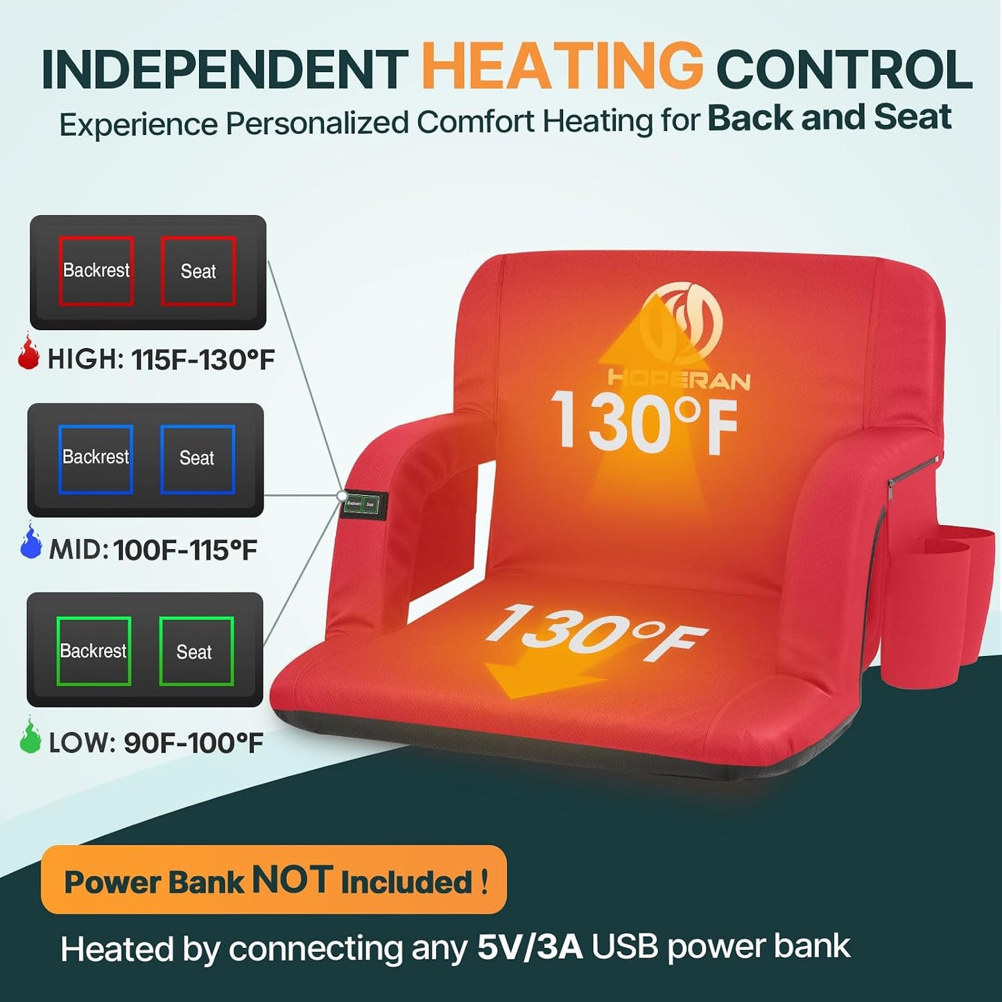 HOPERAN Heated Stadium Seats with Back Support, Dual Control, 1-Pack | Independent Seat & Back 3 Level Heat (NO Battery), Soft Cushion, 6 Recliner, Anti-Slip, Side Pockets, Backpack Straps
