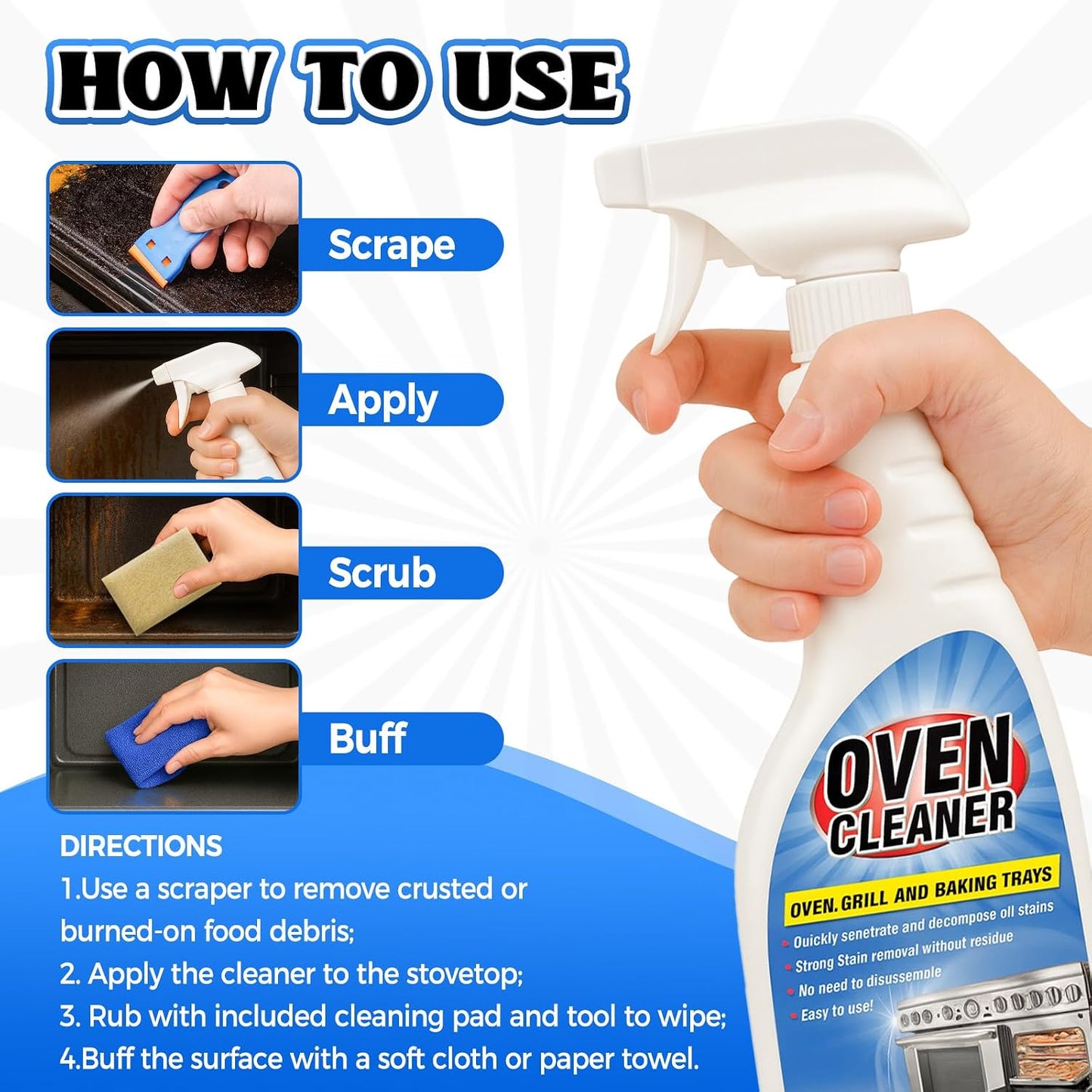 Heavy Duty Stove and Oven Cleaner Kit, Includes Cleaning Tool, Razor, Scraper and 1 Pad to Remove Tough Stains - Use on Gas, Electric, Ceramic Surfaces, 4 Piece (16.9, Fluid Ounces)
