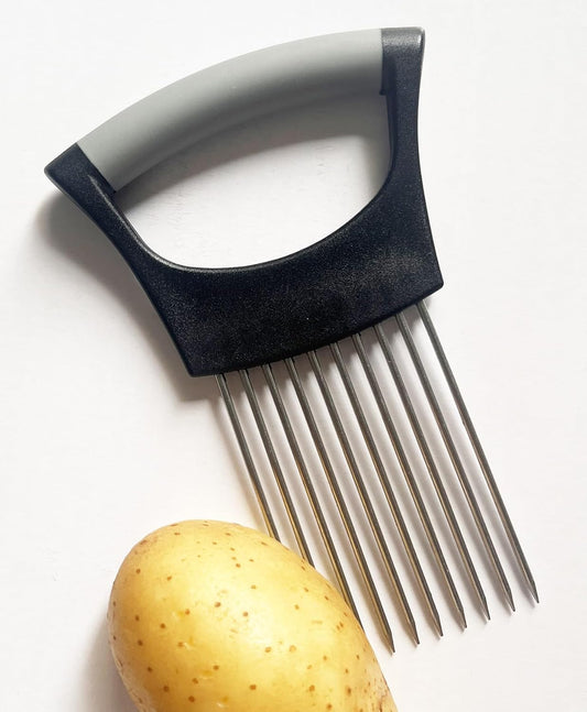 Onion Holder for Slicing | Non-Slip TPR Handle, Safe Storage Tip Cover, Multi-Purpose Food Slicer Assistant Tool