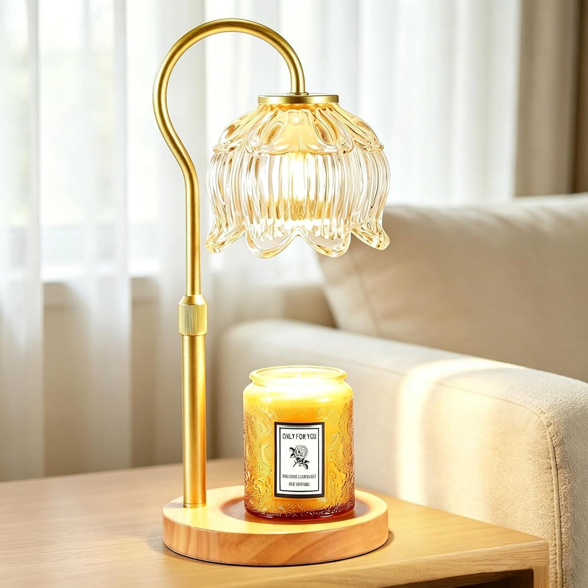 Dreamholder Electric Candle Warmer Lamp with Timer, Dimmable Candle Lamp with Adjustable Height, Wax Melter for Jar Candles Wood Base Floral Home Decor Gifts for Women Mom, Silver Glass
