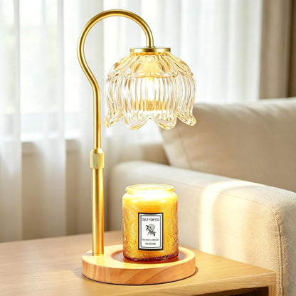 Dreamholder Electric Candle Warmer Lamp with Timer, Dimmable Candle Lamp with Adjustable Height, Wax Melter for Jar Candles Wood Base Floral Home Decor Gifts for Women Mom, Silver Glass