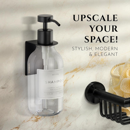 Shower Shampoo Dispenser Wall Mounted – 3 Refillable 16.9 oz Clear Bottles with Stainless Steel Pumps & No-Drill Adhesive Holders – Soap Dispenser Set for Bathroom (3 X Clear/Silver)