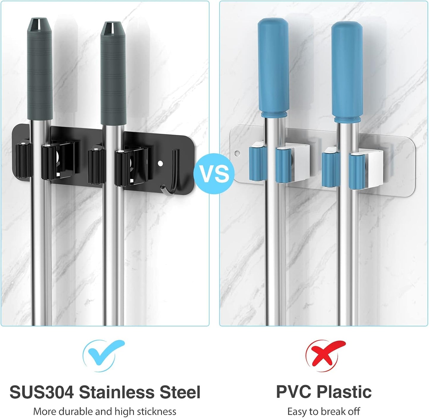 homeasy Wall Mount Mop and Broom Holder, Heavy Duty Stainless Steel Organizer Rack with Hooks | 2-Pack, 2-in-1 No Drill & Screw Installation, Silver