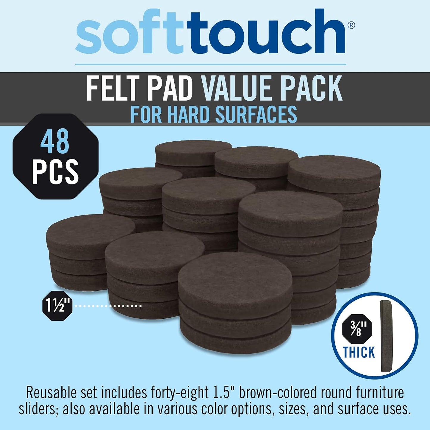 SoftTouch Assorted Size Round Mini Self-Stick Furniture Slider Felt Pads for Hard Surfaces, Noise-Reducing Adhesive Furniture Moving Pads for Beds, Sofas, Dressers, 46-Count, Brown