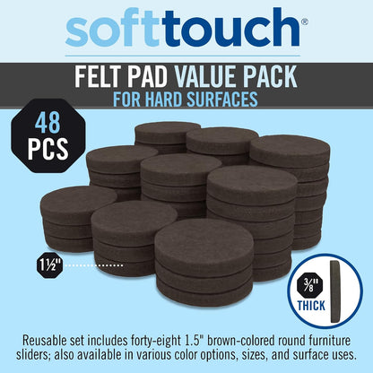 SoftTouch Assorted Size Round Mini Self-Stick Furniture Slider Felt Pads for Hard Surfaces, Noise-Reducing Adhesive Furniture Moving Pads for Beds, Sofas, Dressers, 46-Count, Brown