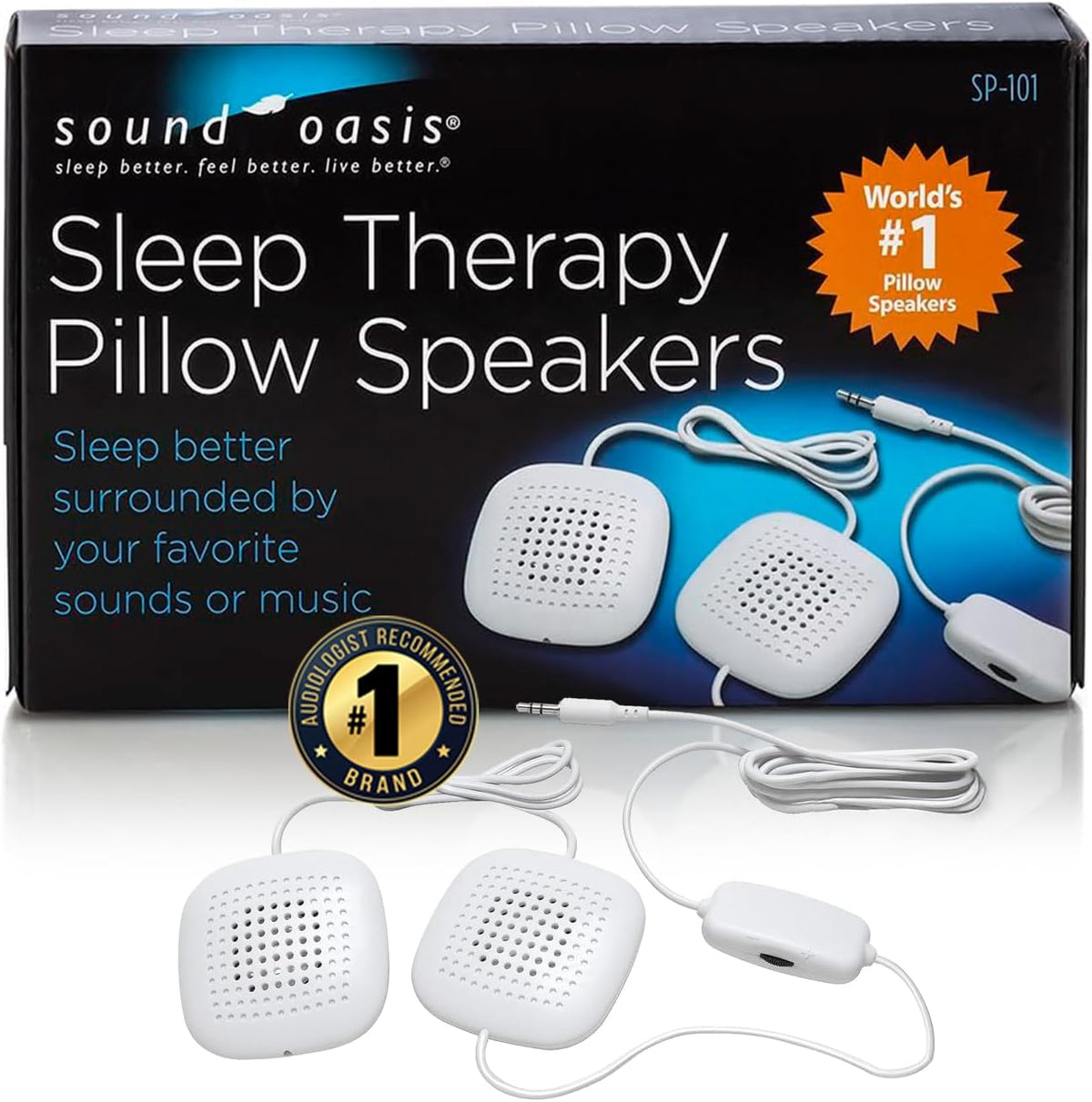 Sound Oasis Pillow Speakers, 2 UltraThin Stereo Speakers, Volume Control, Surround Sound for Music, Sleep, Tinnitus Masking, Connect to External Sound Source with 1/8" 3.5mm Headphone Jack Plug, White
