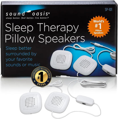 Sound Oasis Pillow Speakers, 2 UltraThin Stereo Speakers, Volume Control, Surround Sound for Music, Sleep, Tinnitus Masking, Connect to External Sound Source with 1/8" 3.5mm Headphone Jack Plug, White
