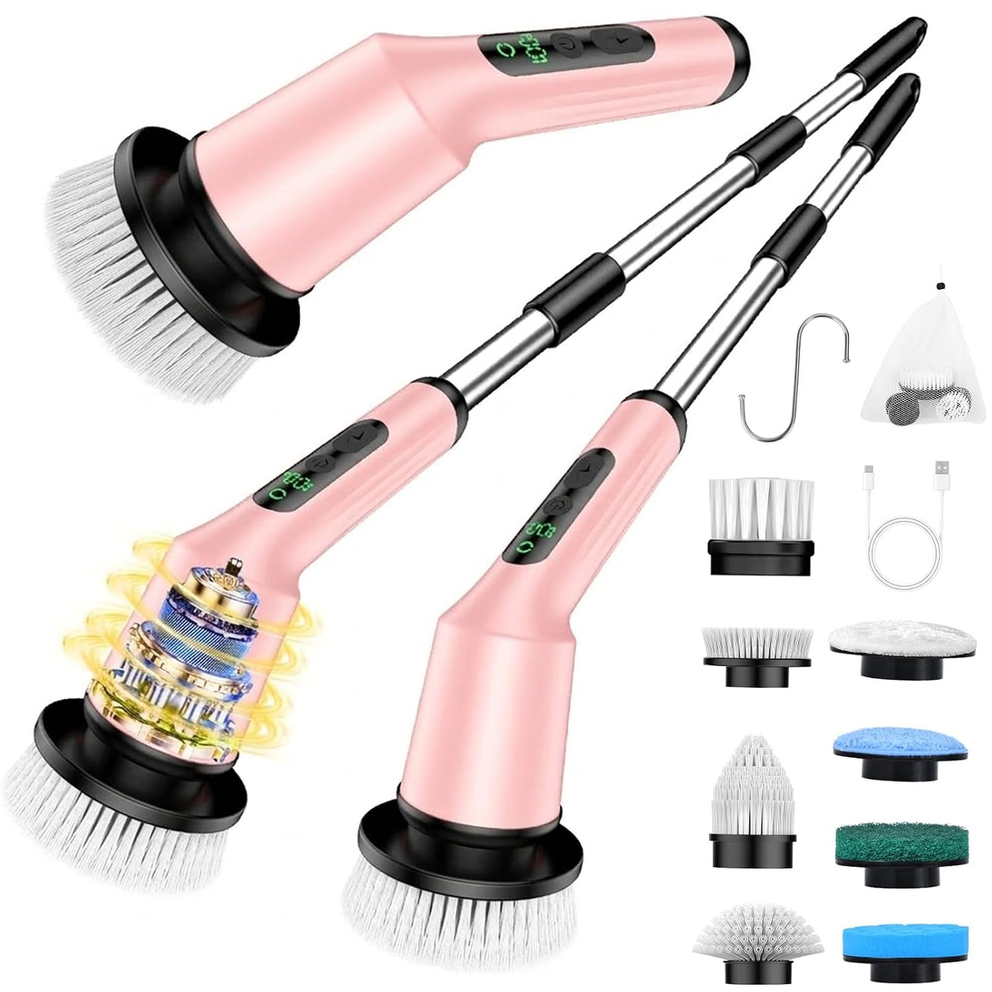 Electric Spin Scrubber for Bathroom, Shower Scrubber with Long Handle | Shower Cleaner Brushes, IPX7 Waterproof & 2 Speed, 3 Brush Heads, 90min Runtime, Bathroom Cleaning Supplies for Toilet Tub