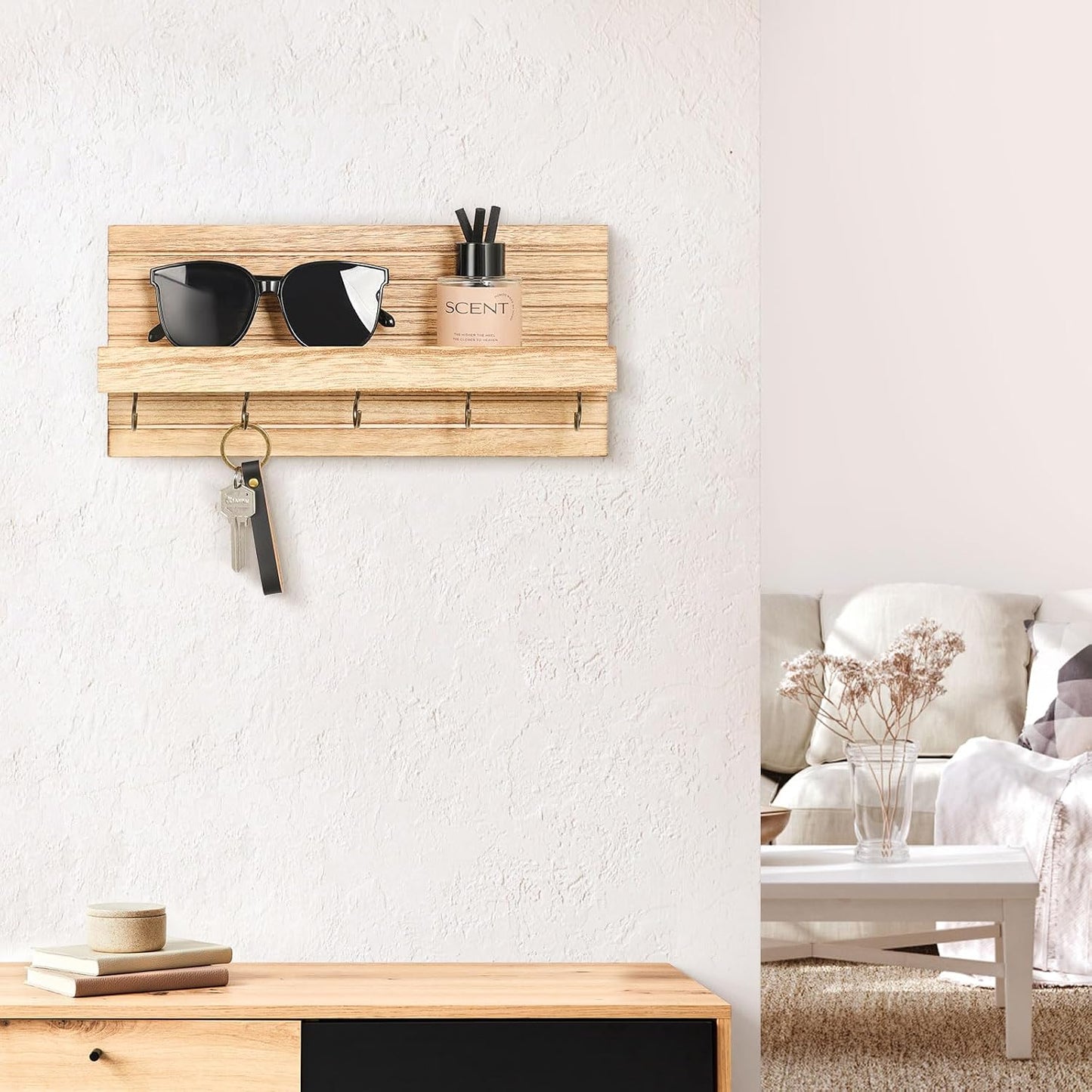 Lwenki Decorative Key Holder for Wall with Shelf, Entryway Shelf with Hooks Holds Leashes, Jackets and Glasses – Sturdy Wood Keyholder Entrance Hanger with Mounting Hardware (Black, Medium)