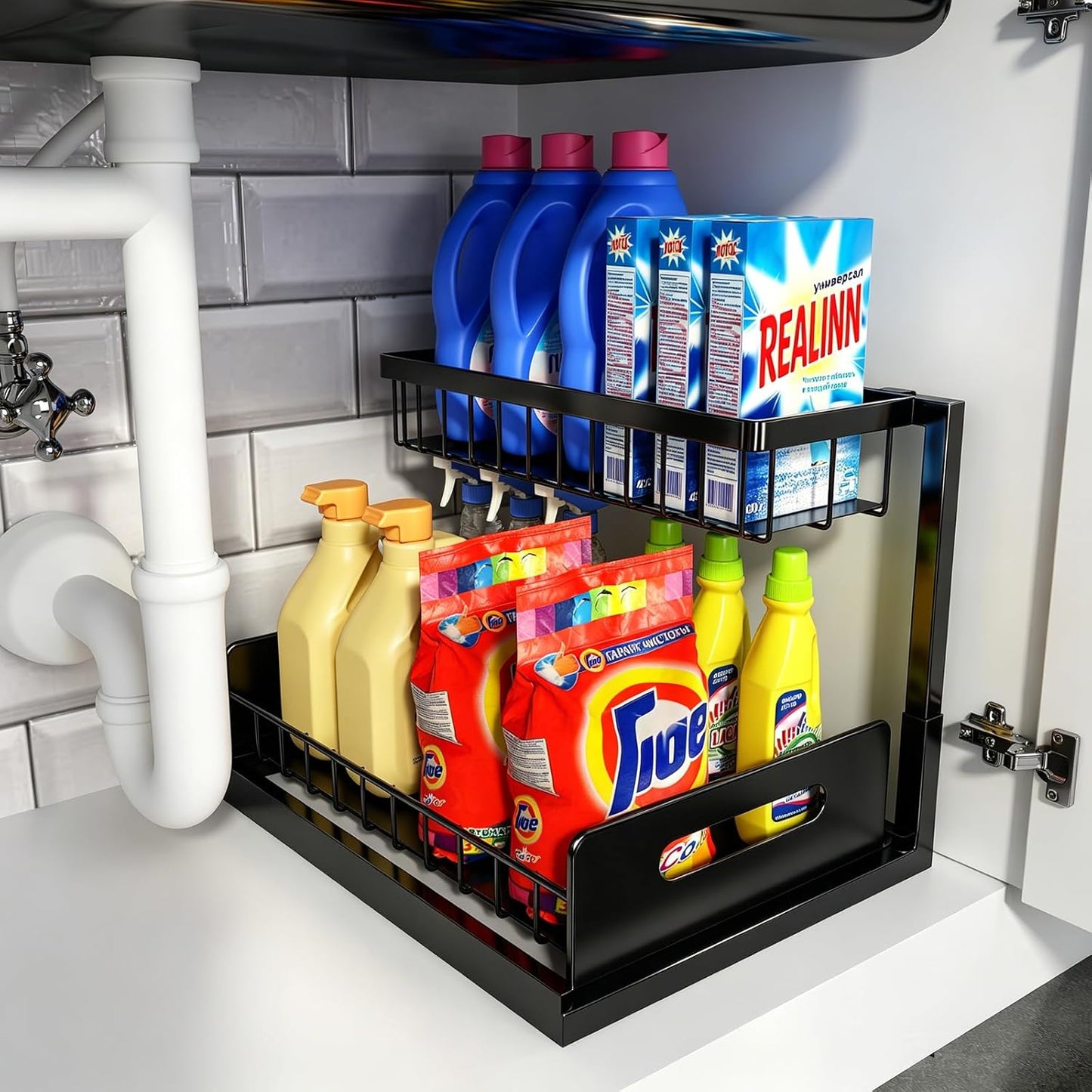 Under Sink Organizer, L-Shaped 2 Tier Pull Out Cabinet Organizer | Slide Out Sink Shelf Cabinet Storage Shelves, Under Sink Storage for Kitchen Bathroom Cabinet, White, 1 Pack