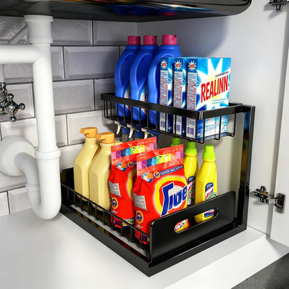 Under Sink Organizer, L-Shaped 2 Tier Pull Out Cabinet Organizer | Slide Out Sink Shelf Cabinet Storage Shelves, Under Sink Storage for Kitchen Bathroom Cabinet, White, 1 Pack