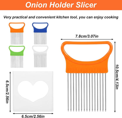 4Pcs Onion Slicer Holder, Onion Slicing Holder Cutter Tool | Stainless Steel Veg Cutter with Cover, Food Slicer Assistant Tool for Tomato Lemon Avocados Vegetables Fruit