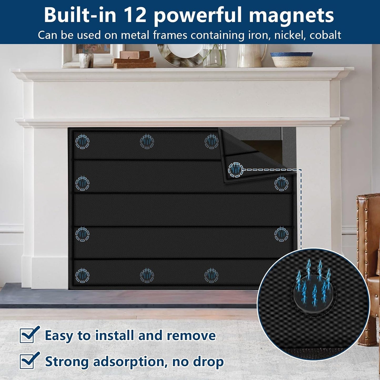 Magnetic Fireplace Cover 39"x32" Fireplace Draft Stopper Blocker Indoor | Fire Place Cover with Built-in 12 Strong Magnet for Iron Fireplace Frame Fireplace Screen
