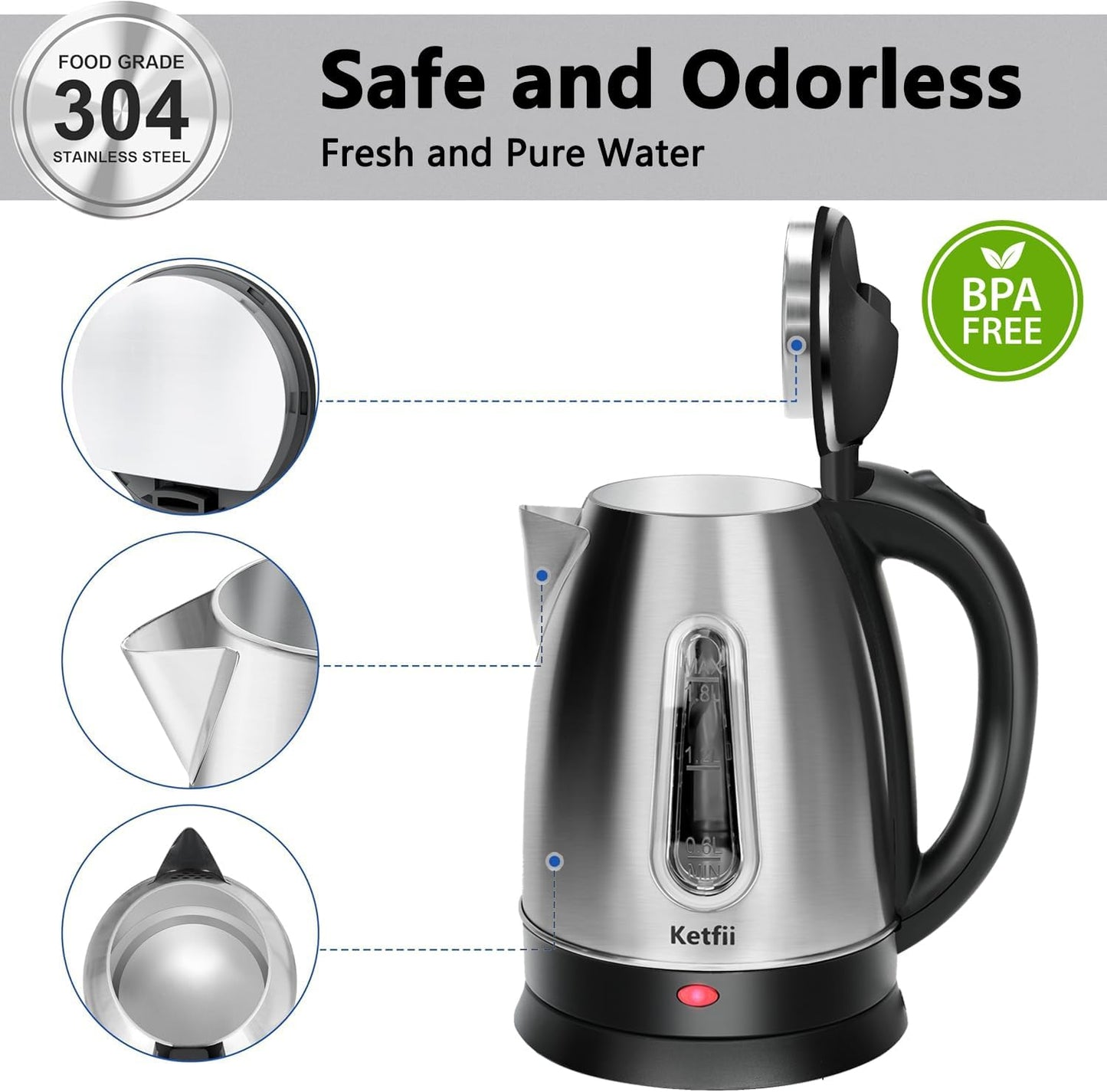 Stainless Steel Electric Kettle, 1.8 Liters Tea, Coffee Kettle & Hot Water Boiler, 360° Swivel Base, BPA Free, Auto Shut-Off, Boil-Dry Proof, 1100W