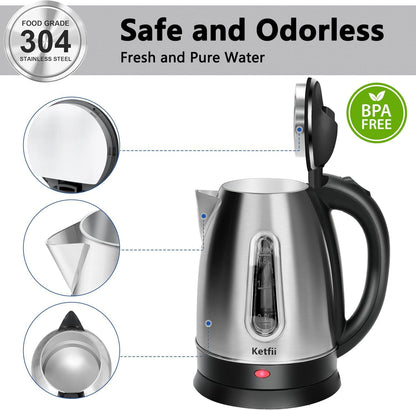Stainless Steel Electric Kettle, 1.8 Liters Tea, Coffee Kettle & Hot Water Boiler, 360° Swivel Base, BPA Free, Auto Shut-Off, Boil-Dry Proof, 1100W