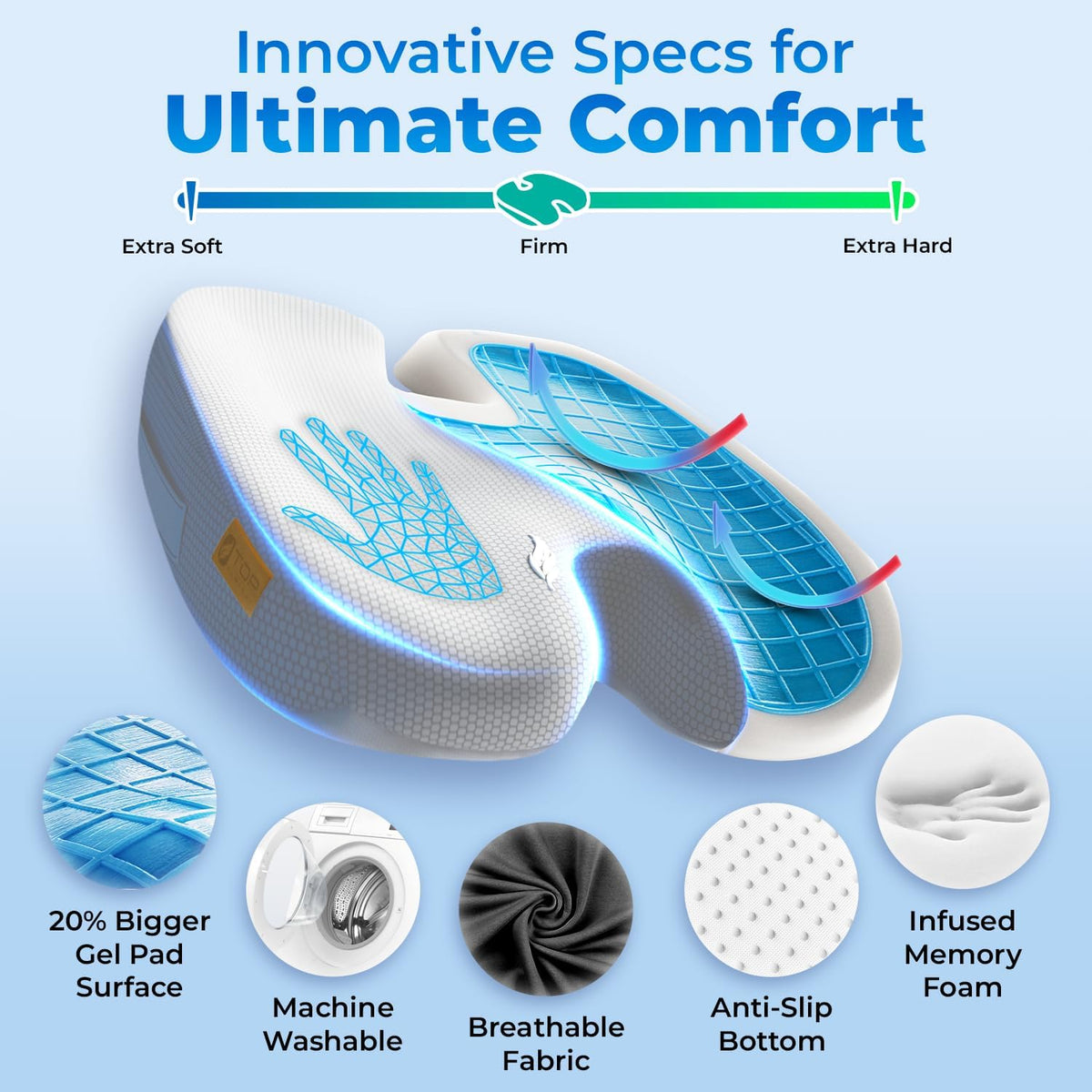Seat Cushion, BodySync™ Technology with Non-Slip Gel & Memory Foam for Tailbone, Sciatica & Back Pain Relief, Office Chair Cushion, Car Seat Cushions for Driving (Light Grey)