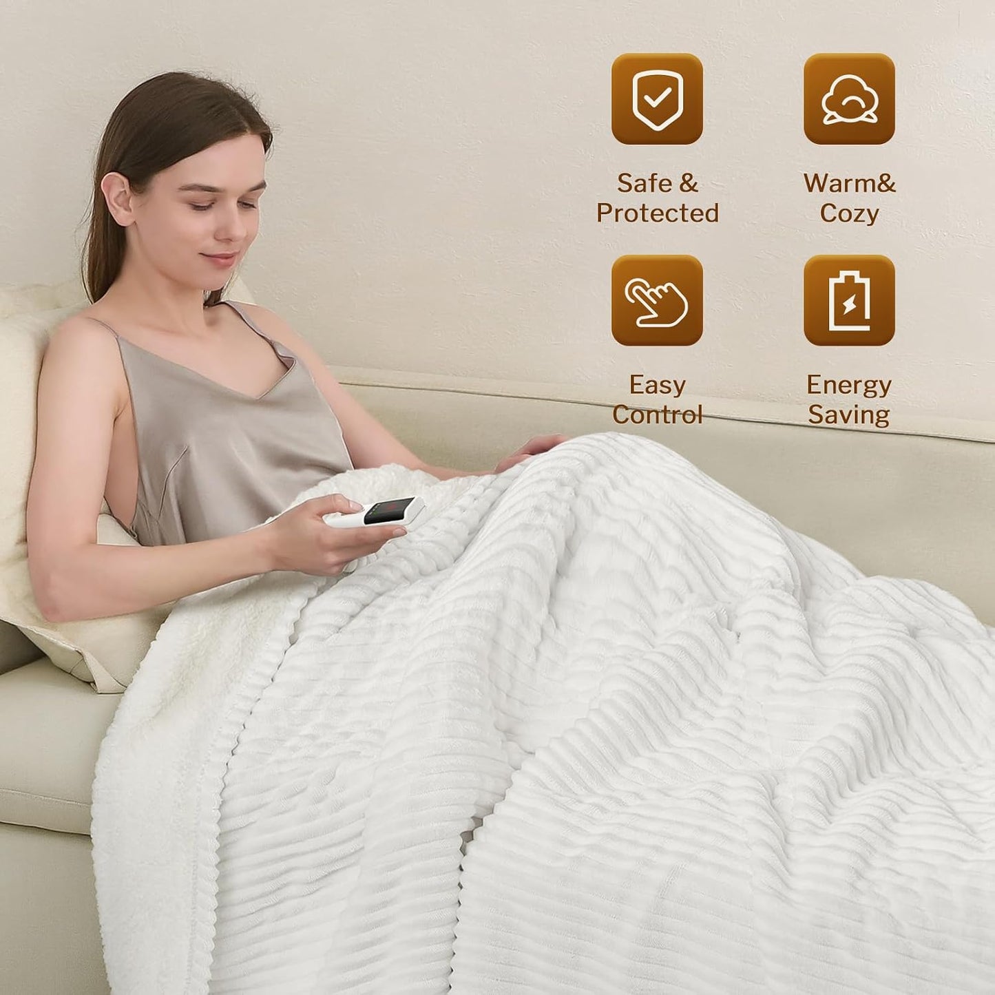 Heated Throw Blanket, 5 Heat Levels, 3 Hours Auto-Off, White | ETL & FCC certified, 50" × 60", OEKO-TEX fabric, machine washable, 100W low energy