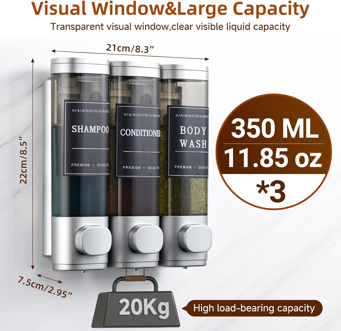 Shampoo and Conditioner Dispenser,Shower Soap Dispenser 3 Chamber No Drill Wall-Mounted Shampoo Dispenser for Shower Wall Mounted Shower Dispenser for Bathroom Hotel Large Capacity, Clear Bright