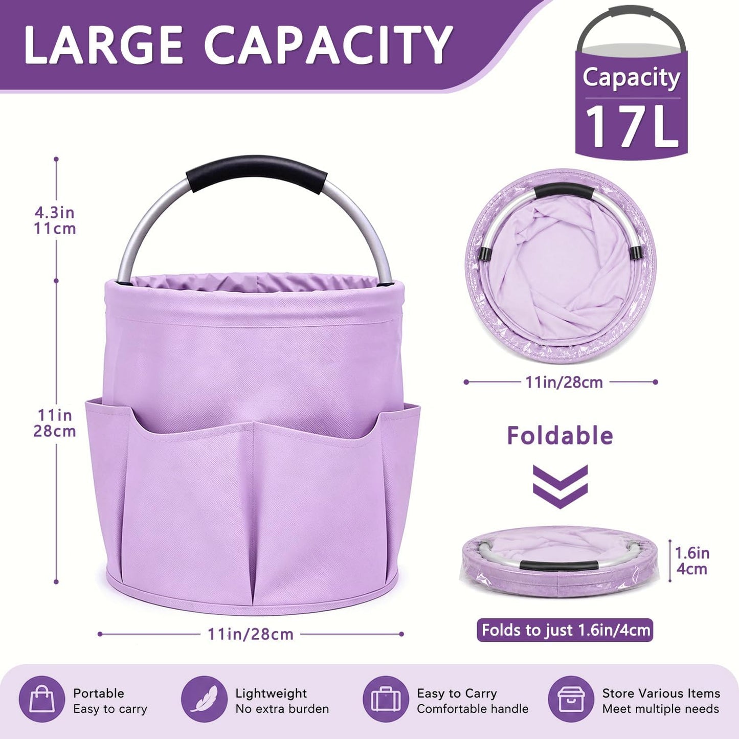 Cleaning Caddy with Handle, 17L Foldable Storage Basket, Heavy Duty 600D Oxford Cloth Organizer, Portable Supply Bag, Multi-Purpose Supplies Caddy for Home, Bathroom, Kitchen, Garden - Black
