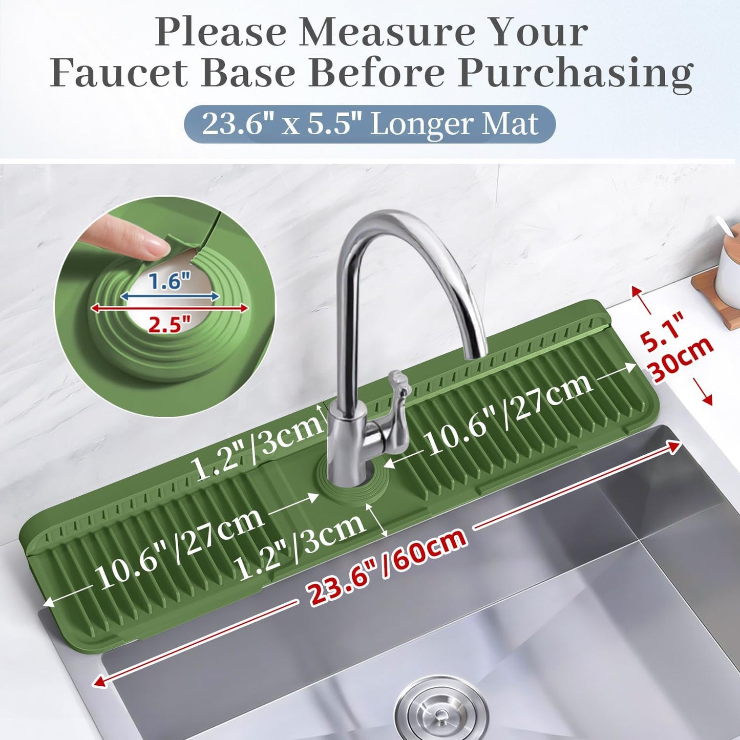 PoYang 24 Inch Faucet Mat for Kitchen Sink Splash Guard, Silicone, Black | Sink Protectors with 7° Slope for Smooth Drainage, Snap Button Holds It in Place, 90° Foldable & Cuttable Hole Fit Most Sinks