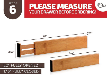 6-Pack Drawer Dividers 2.6-Inch High Dresser Drawer Organizer 16 to 22 Inch | Bamboo, Spring Loaded, No Tools Needed, Fits Wide Drawers for Socks, Clothes, Utensils, Bedroom, Bathroom, Kitchen, Office