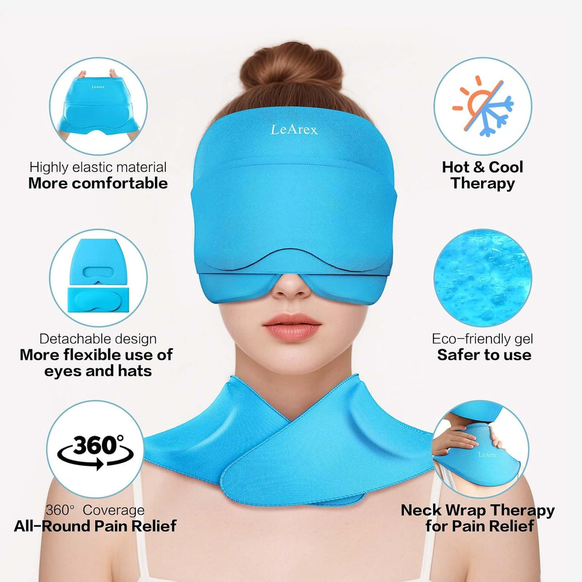 3 in 1 Migraine Relief Cap Neck Ice Pack Wrap Gel and Ice Eye Masks, Detachable Ice Caps with Eyes Masks, Hot and Cold Therapy for Relief of Headaches, Stiff Neck and Eye Fatigue (Purple)