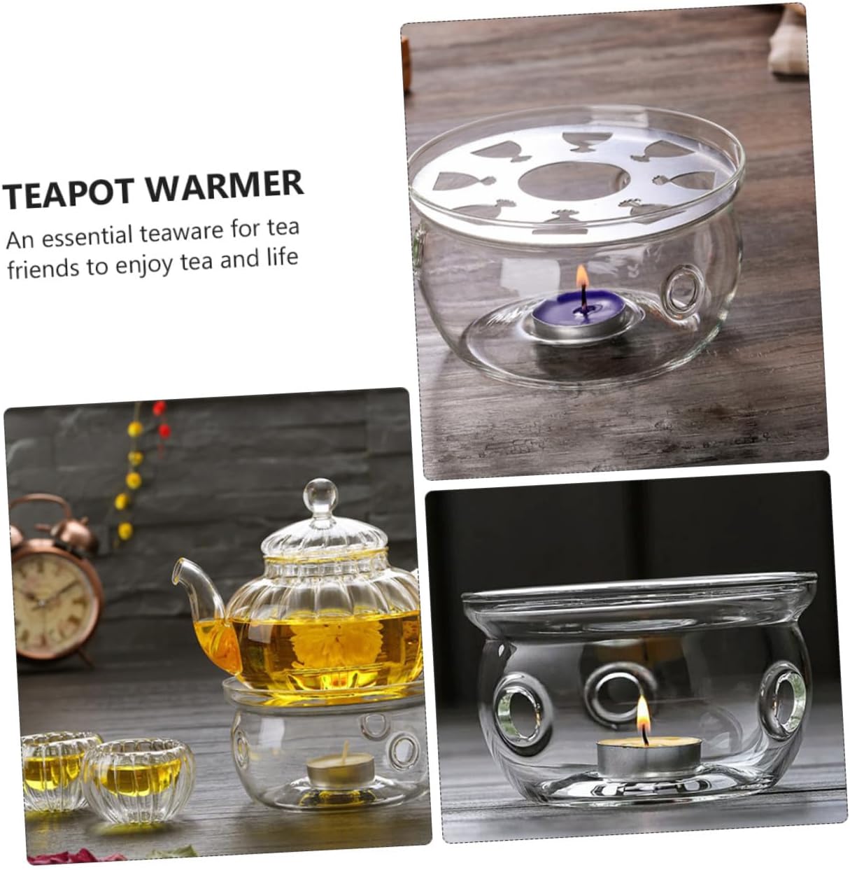 2pcs Glass Teapot Warmer High Borosilicate Tea Heating Pot Stands Without Candle for Home Office Tea House Coffee Shop Decor