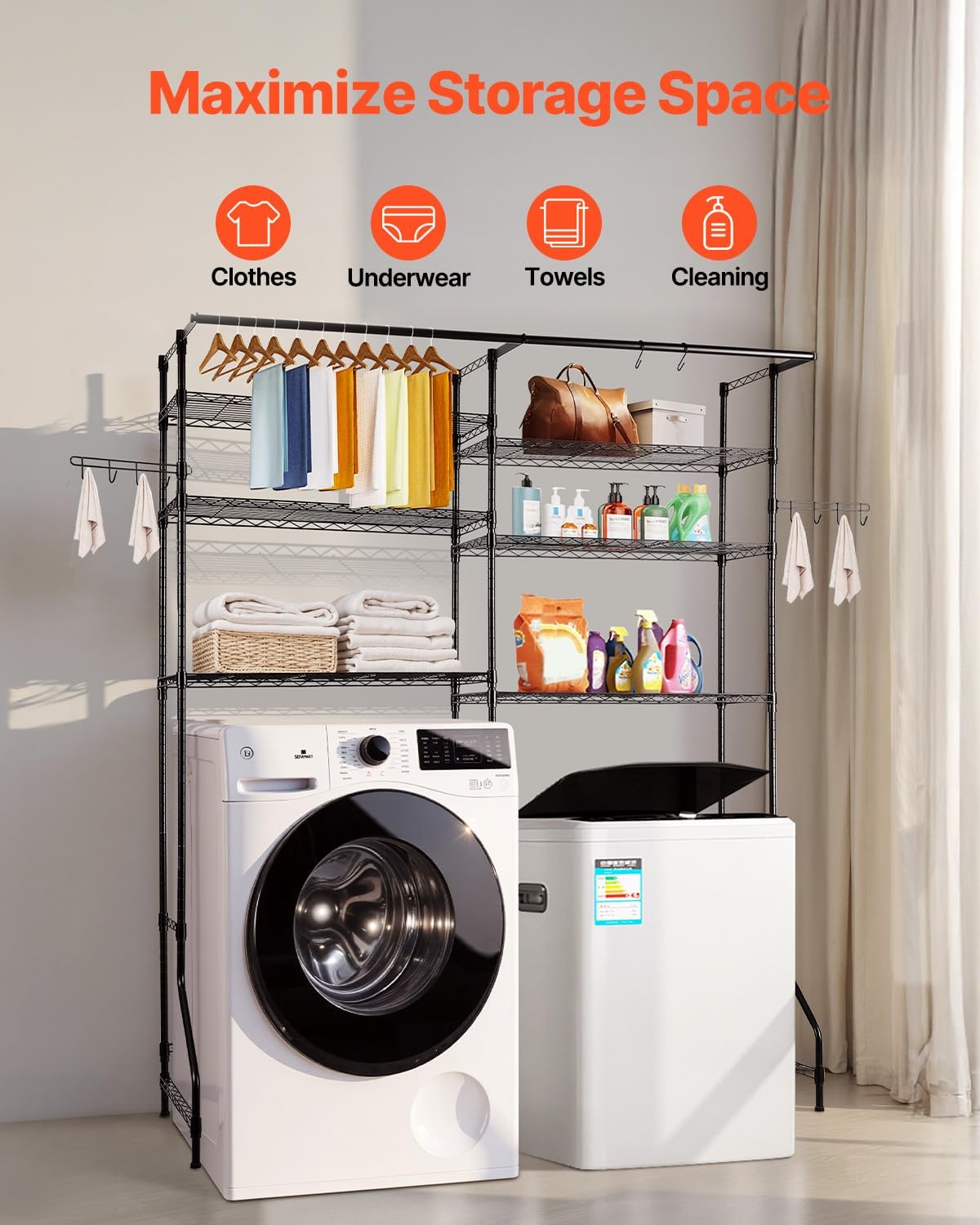 VEVOR Over the Washer and Dryer Storage Shelf, 5 Tier Laundry Room Drying Rack with Hanger Rod and Hooks, Adjustable Over Washer and Dryer Shelves, Laundry Room Shelf Storage Space Saver, White