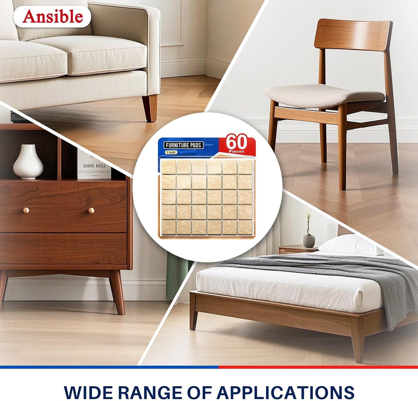 Ansible Felt Furniture Pads Chair Leg Floor Protectors 1" 60PCS | Felt Pads for Hardwood Floors,Self-Adhesive, Reduce Noise and Anti-Scratches,Easy to Install,Beige,Round