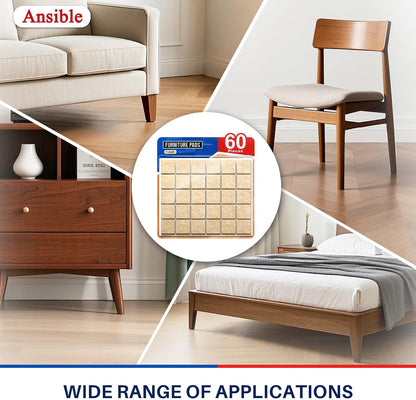Ansible Felt Furniture Pads Chair Leg Floor Protectors 1" 60PCS | Felt Pads for Hardwood Floors,Self-Adhesive, Reduce Noise and Anti-Scratches,Easy to Install,Beige,Round