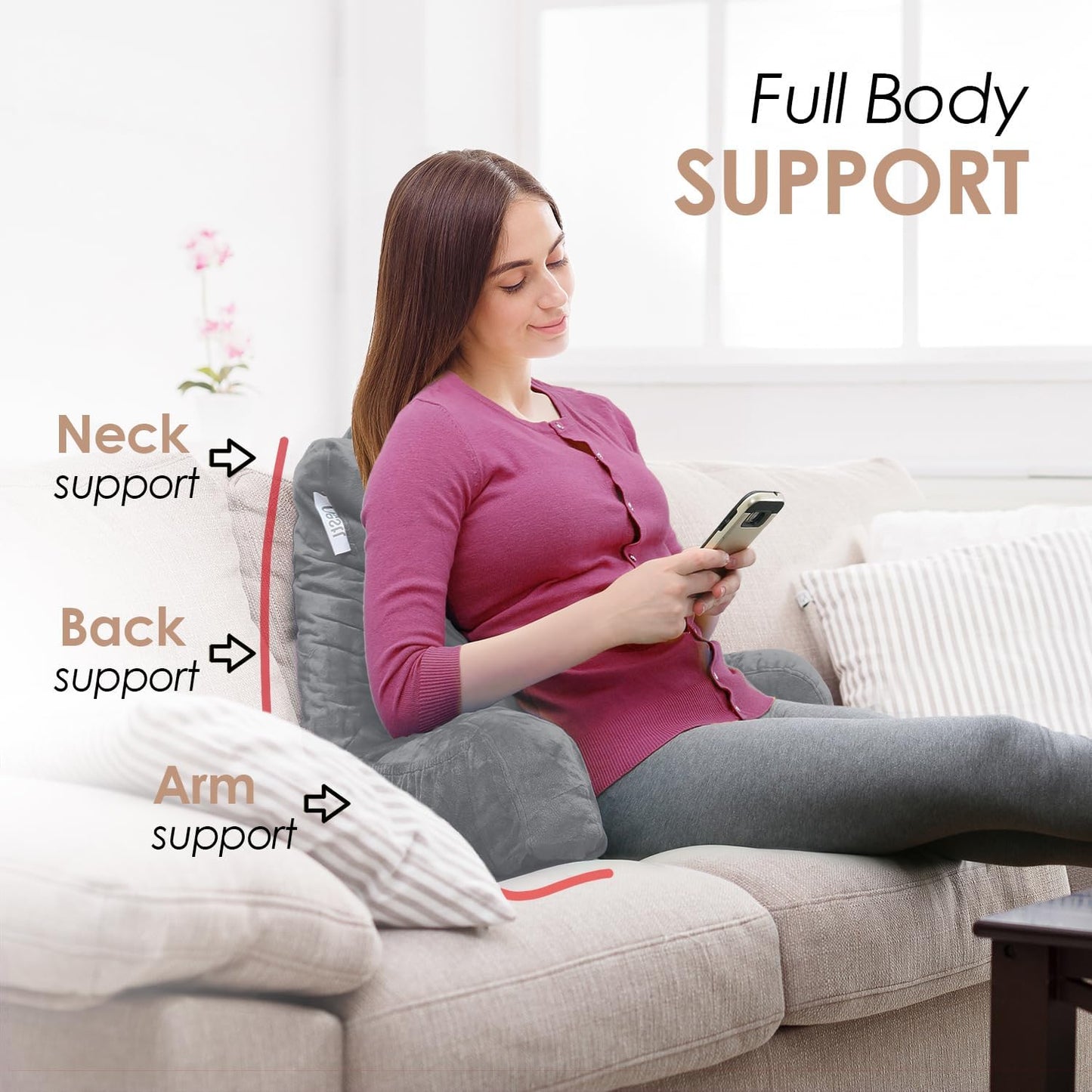 Nestl Reading Pillow with Shredded Memory Foam, Designed for Sitting Up in Bed and Couch, Back and Arms Adjustable Support for Adult & Teens Backrest Pillows for Reading, with Washable Cover Dark Grey