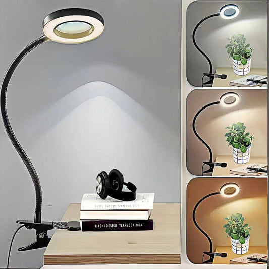Magnifying Glass with Light Flexible Gooseneck Book Light Craft Lamp 12W 3 Colors Dimmable LED Desk Lamp for Reading Book in Bed at Night Clip on Table, Headboard Working,Studying
