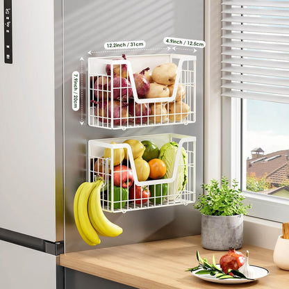 Magnetic Shelf for Fridge, Fruit Basket Magnet Shelves with 2 Hooks | Potato and Onion Storage Bins, Black Magnetic Organizer Side of Fridge Storage, Magnetic Spice Rack for Refrigerator Kitchen
