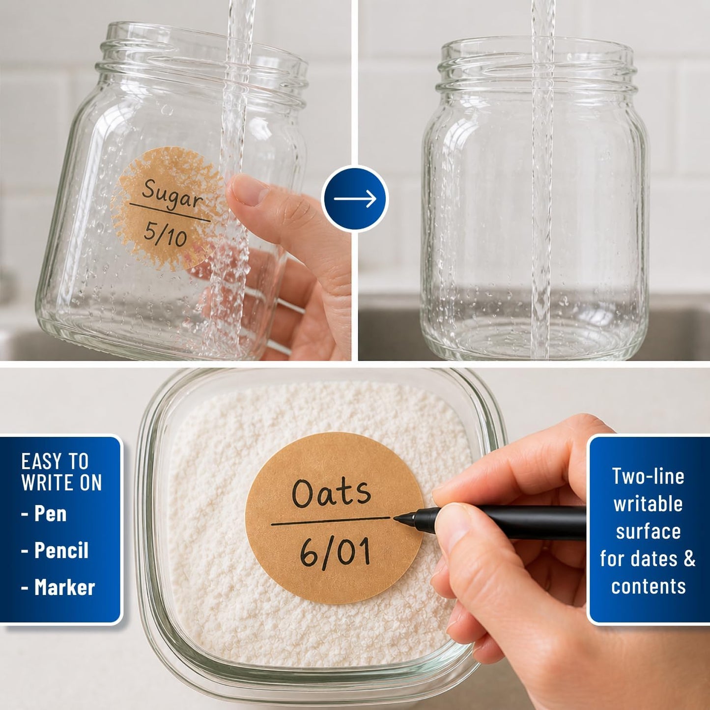 Water Soluble Labels for Food Containers – Dissolvable Kitchen Labels – No Sticky Residue – 2" Diameter, Two-Line Writable Surface, 200 Labels Per Roll (Purple)
