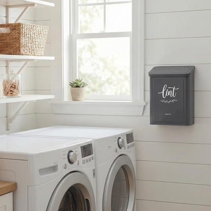 Perfnique Magnetic Lint Bin for Laundry Room with Lint Brush, Wall Mounted Lint Holder Trash can with lid for Dryer, Modern Farmhouse Rustic Metal Laundry Room Storage Organization and Decor(White)