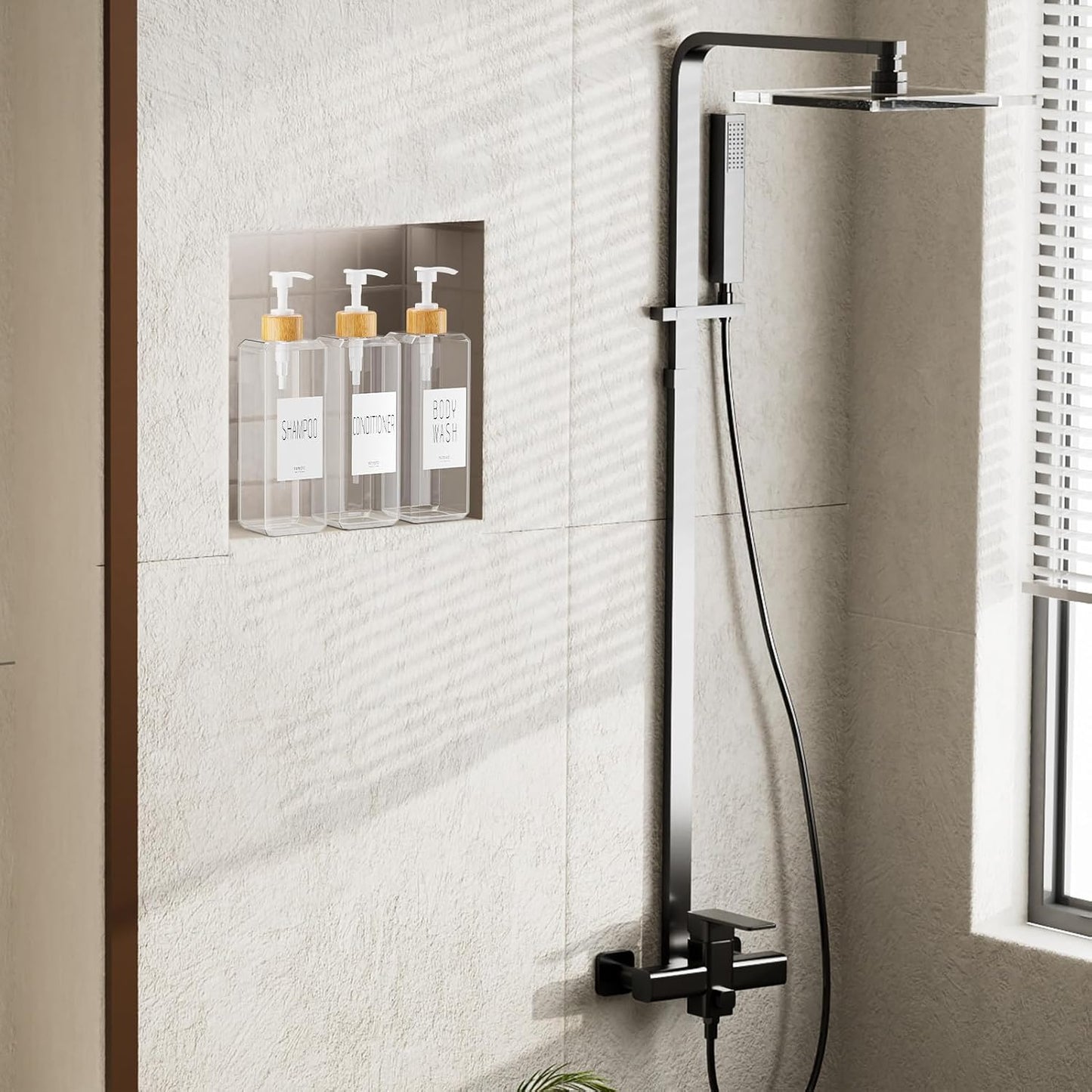 VITVITI Shampoo and Conditioner Dispenser, Shower Soap Dispenser Wall Mount | 17OZ Refillable Plastic Shampoo/Body Wash Shower Bottles for Bathroom with Pump/Labels, Bamboo Wall Mounted, Clear