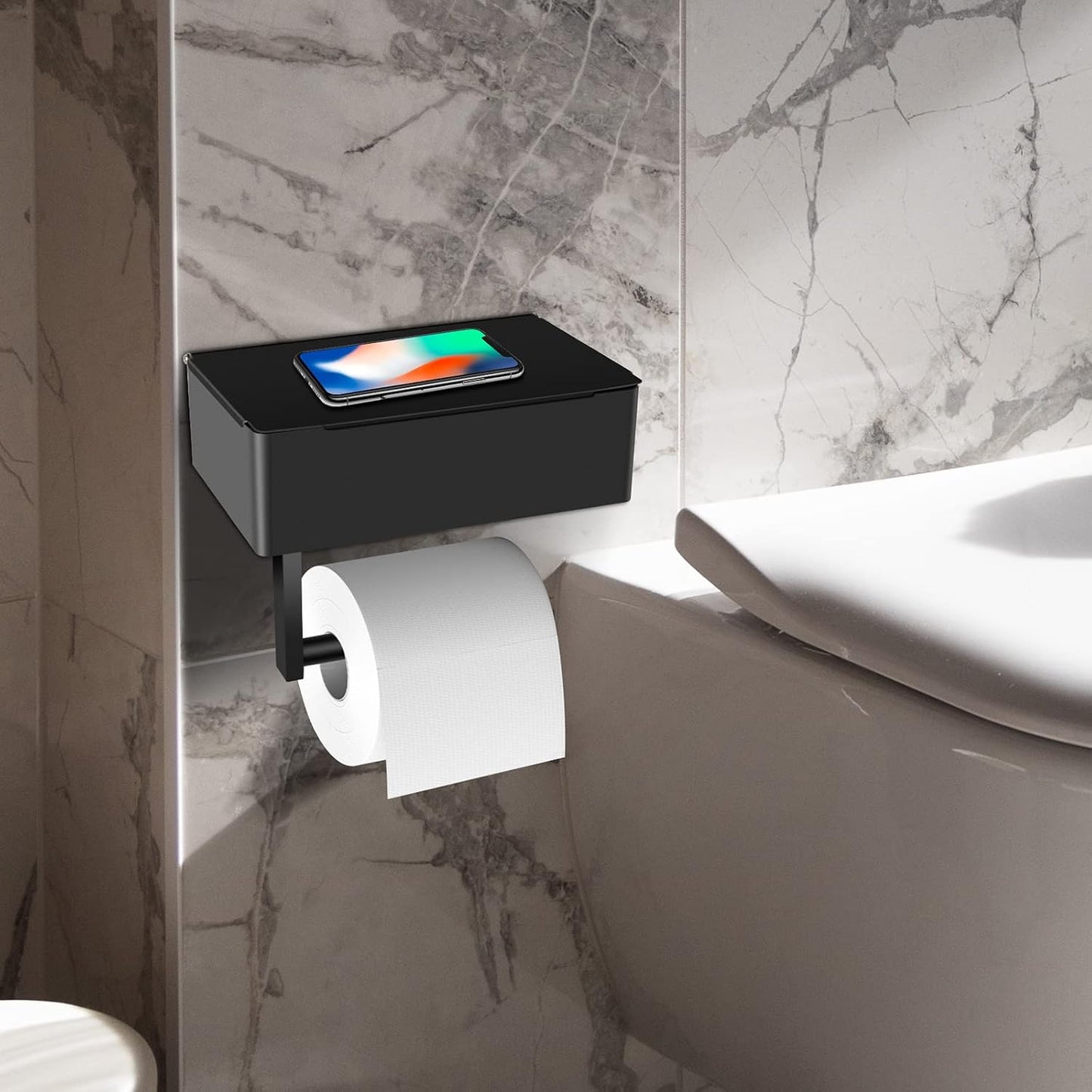 Toilet Paper Holder with Storage, Shelf of Bathroom Toilet Tissue Holder, Toilet Paper Roll Holder, Black Stainless Steel Wall Mount, No Installation & Flushable Wet Wipes Storage