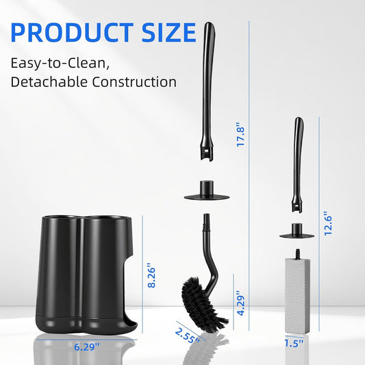 Toilet Brush and Holder Set with Pumice Stone Toilet Bowl Cleaner | Long-handle Scrubber with Ventilated Holder and Pumice Stone for Hard Water Stains, Limescale and Toilet Rings