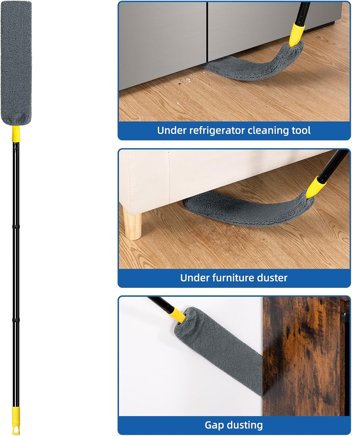 Qaestfy Under Appliance Cleaning Tool with Long Handle, 2 Reusable Microfiber Pads, 5 Disposable Dusting Cloths, Retractable Flat Gap Duster (30-63”) for Behind Fridge, Washer, Bed, Furniture