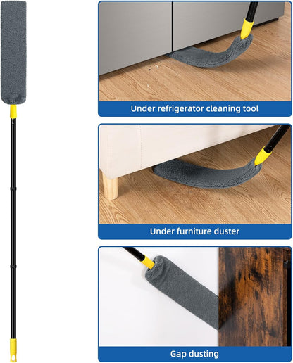 Qaestfy Under Appliance Cleaning Tool with Long Handle, 2 Reusable Microfiber Pads, 5 Disposable Dusting Cloths, Retractable Flat Gap Duster (30-63”) for Behind Fridge, Washer, Bed, Furniture
