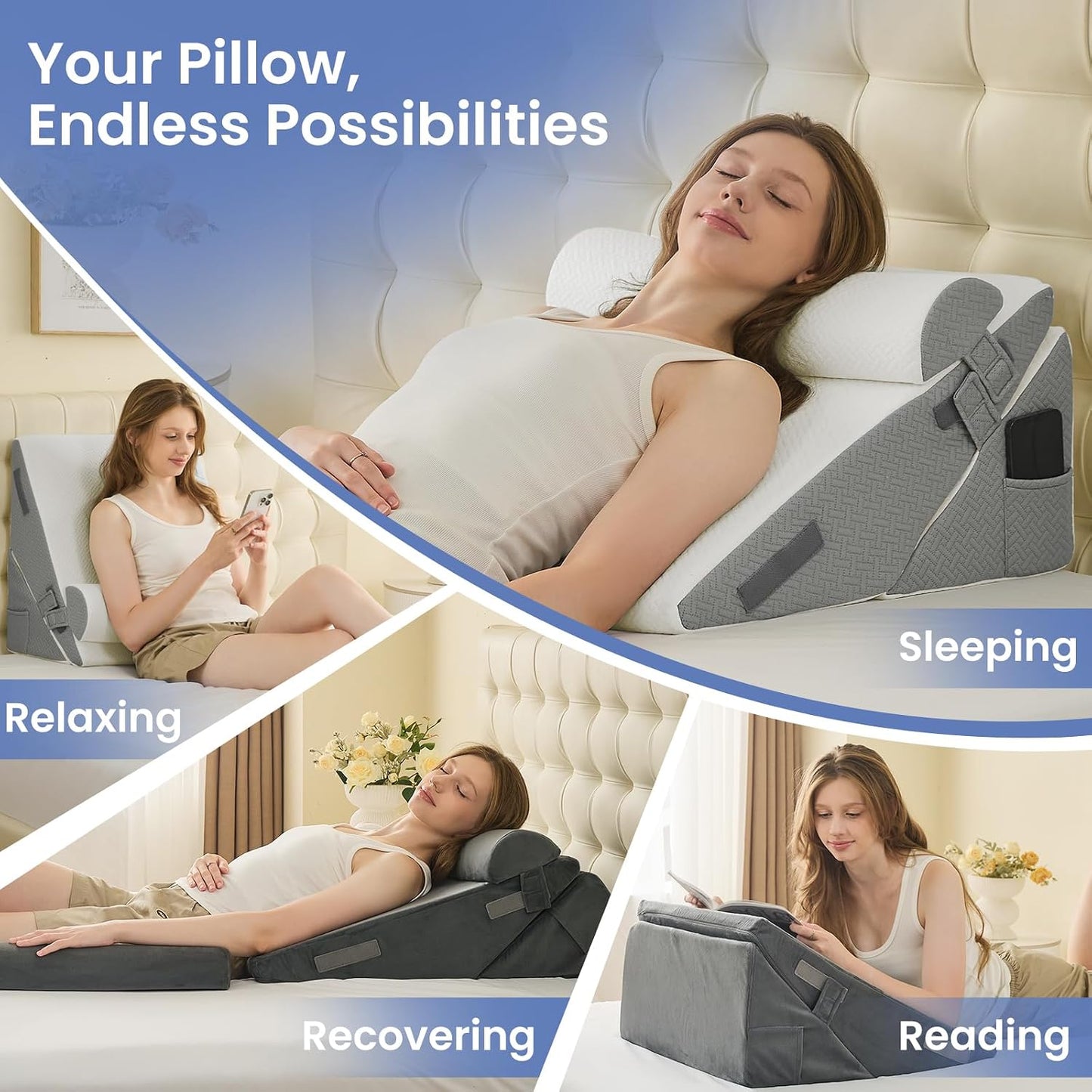 Sasttie Adjustable Wedge Pillow Set for After Surgery, Dark Grey & White | Bed Wedge Pillow Headboard with Memory Foam Neck Cushion, for Acid Reflux, Sleeping, Neck & Back Support
