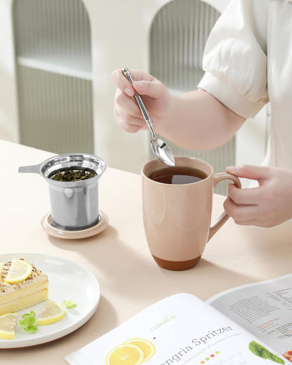MALACASA Ceramic Tea Mug with Lid and Stainless Steel Infuser, 18 oz Large Tea Cup for Loose Leaf Tea, Heat-Resistant, Microwave & Dishwasher Safe, Speckled Glaze Coffee & Tea Brewer Mug, Khaki Brown