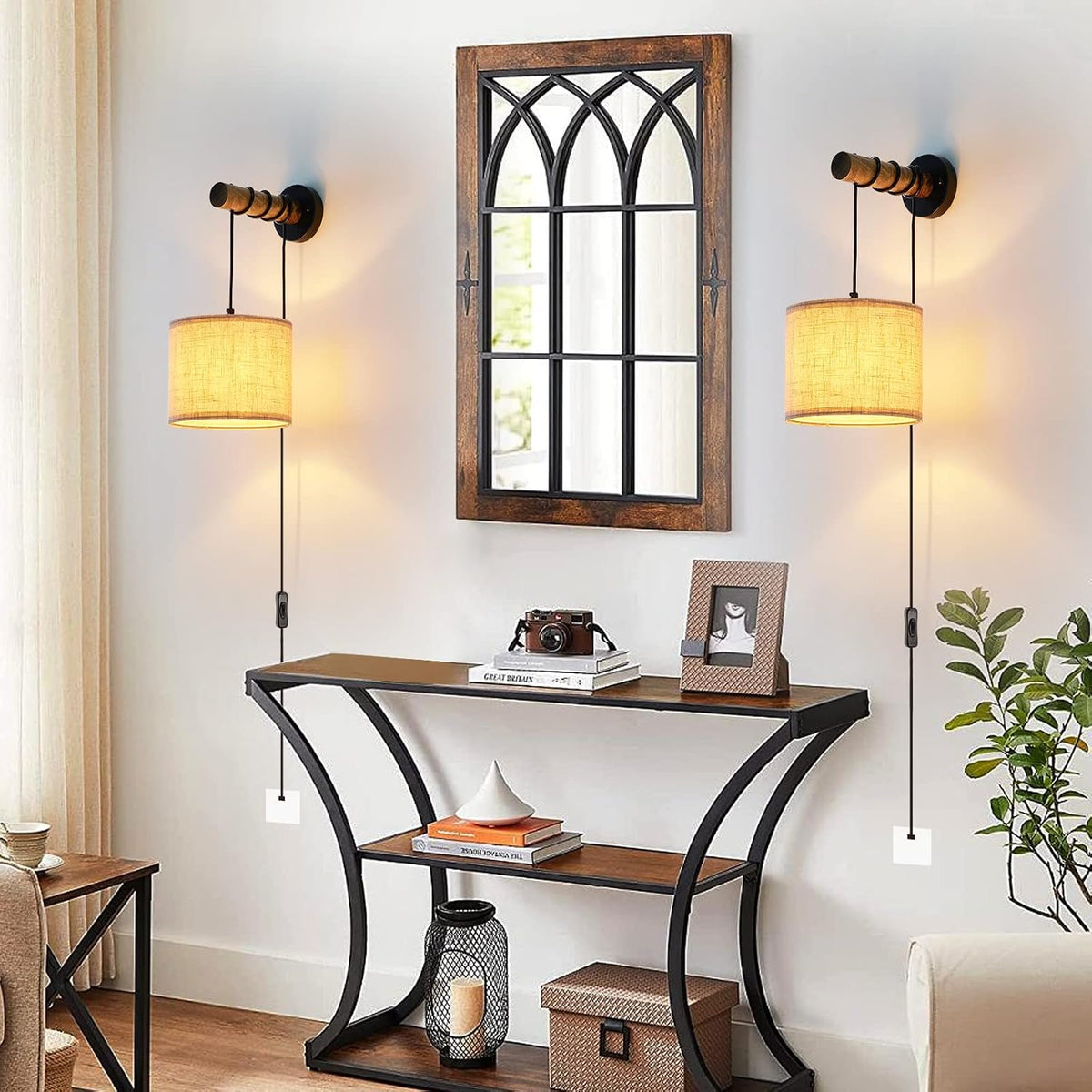XSDeTu Battery Operated Wall Sconce with Remote, Rechargeable Battery Powered Wall Light, 3 Colors Dimmable Wall Mounted Lights, Adjustable Lamp for Bedroom Bedside, Wooden Arm, Fabric Shade, 2 Pcs